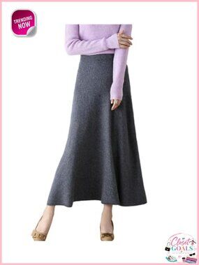 100% Merino Wool Ribbed Knit Long Skirt High Waisted Ankle Length Warm Fall